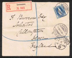 1893 Stehende Helvetia 70C auf Einschreiben nach England