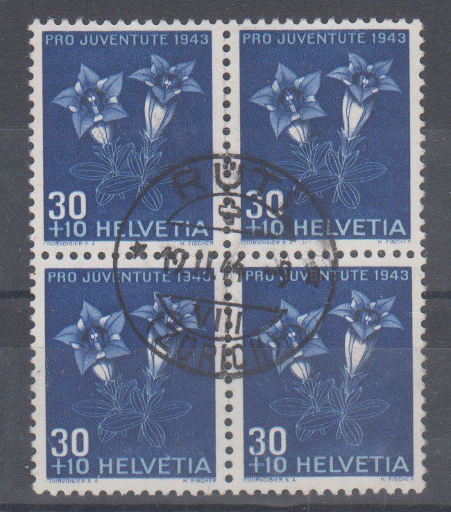 Alle Briefmarken: Pro Juventute 108 bloc de 4 oblitéré – Gebraucht aus Boécourt von Denteles66