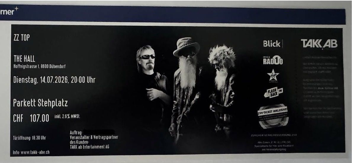 Biglietti: ZZ TOP Konzert-Ticket – Nuovo e nell'imballaggio originale da zürich venduto da ilias.sch