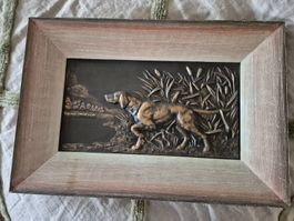 Gerahmtes Reliefbild Hund mit Jagdhund-Motiv Vintage Zustand