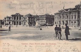 Genève, Place Neuve depuis Bastions, animée, circulée 1906