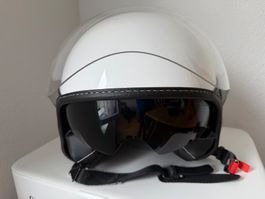 Casque de moto, double visière, garniture cuir, look vintage