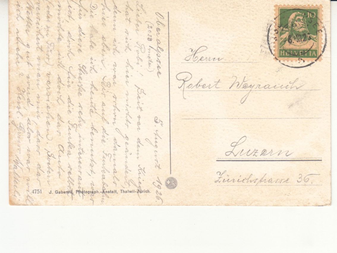 Cartoline postali: Oberalpsee, J. Gaberell, 1926 – Usato da Bürglen TG venduto da StampGraf 1