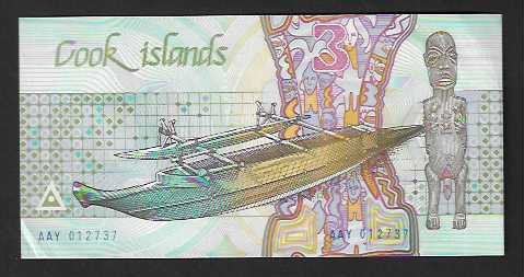 Banknoten: Cook  Islands  3  Dollars  Ungebraucht  98 % – Gebraucht aus Gordola von coinsandnotes 1