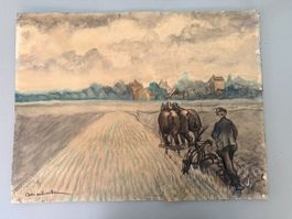 Signiertes Original-Aquarell Pferdegespann bei Feldarbeit