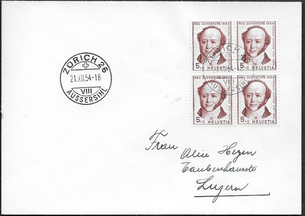 1954 Brief J153 DOPPELPRÄGUNG 4erBl. Zürich o selten ab 1.- (Gebraucht ...