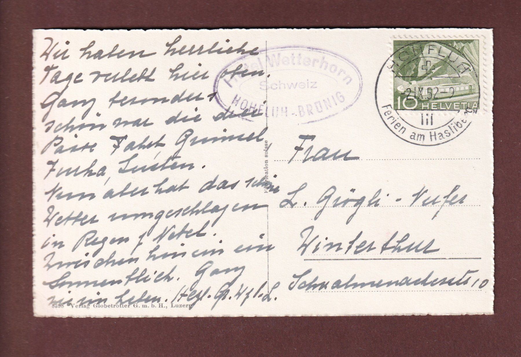 Cartes postales: HOHFLUH mit Brienzergrat - 1952 – D'occasion à Pully par nicecards-shop 1