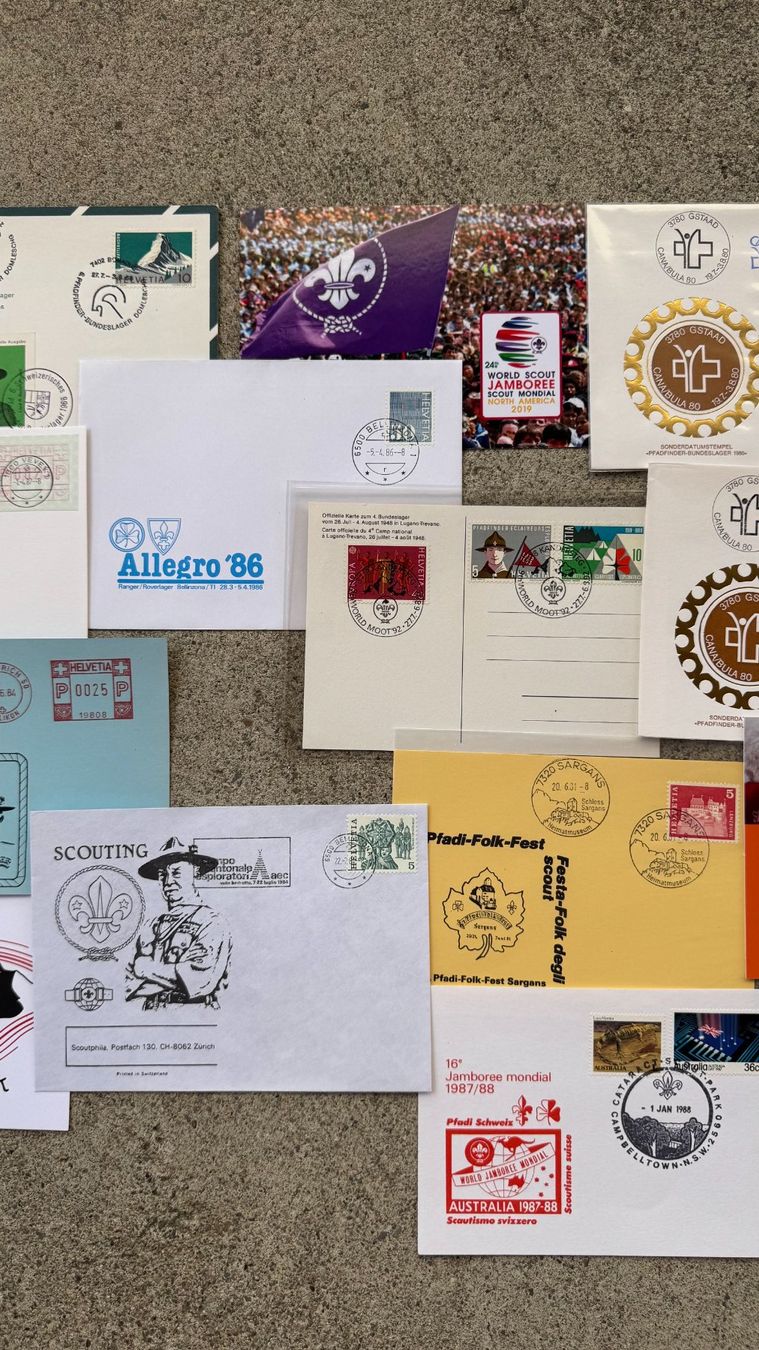 Stempel: 48 Pfadfinder Postkarten Briefe Sonderstempel der Schweiz – Gebraucht aus Wallisellen von Scoutphila 3