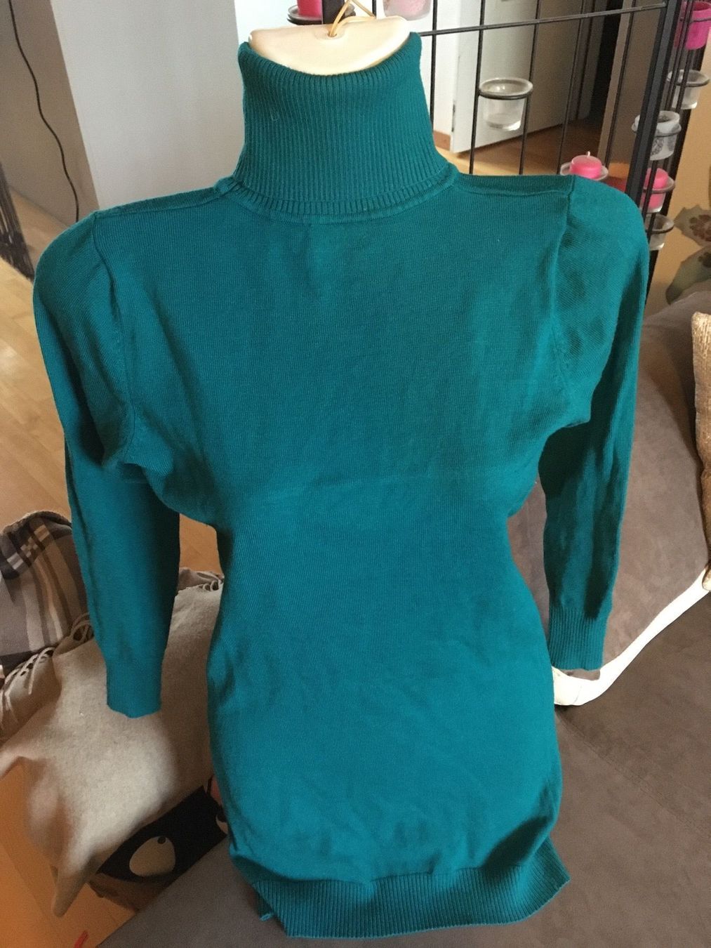 Pullover & Sweatshirts: Mini Robe pull long moulant col roulé vert émeraude coton T1 – Gebraucht aus Genève von Libellule477 1