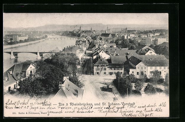 Cartoline postali: Basel, Die 3 Rheinbrücken und St. Johan – Usato da Berlin venduto da bartko-reher