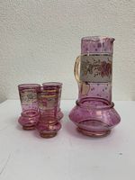 Vintage Jugendstil Glaskaraffe mit 3 Gläsern aus rosa Glas