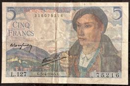5 France Francs Schein, Jahrgang 1945, Seltenes Sammlerst...