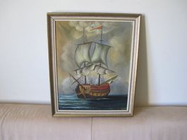 Bild Gemalt Oel Auf Leinwand Antik ? Schiff Motiv Signiert