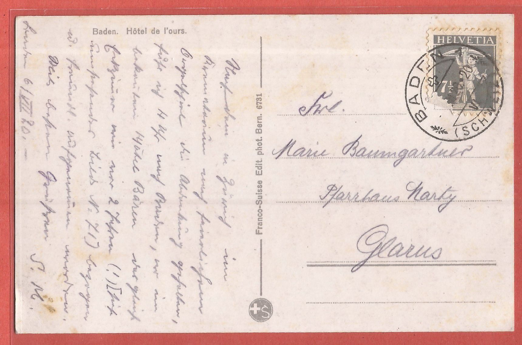 Ansichtskarten: Baden - Hotel Bären - 1920 – Gebraucht aus Fislisbach von Porano 1