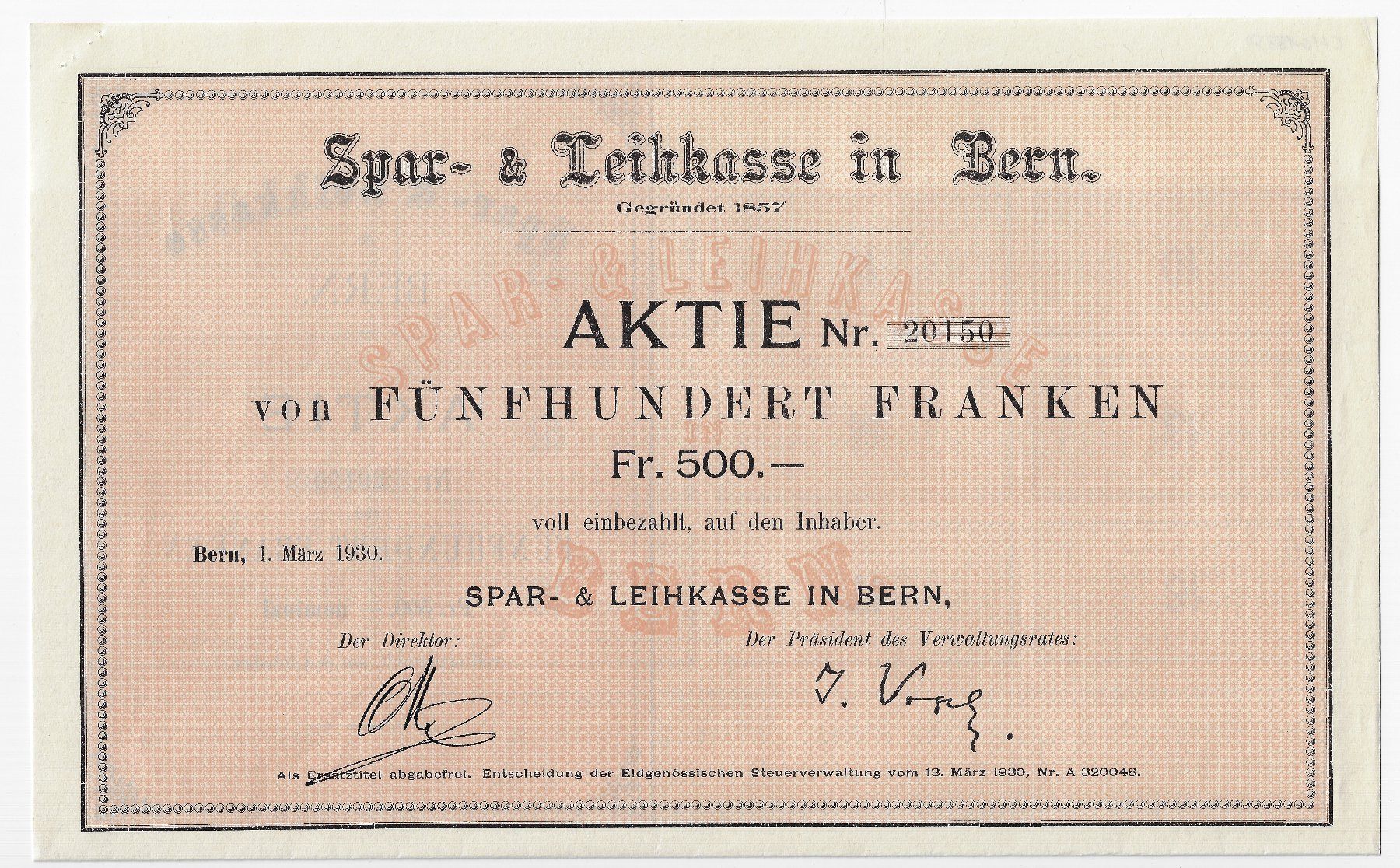 Documenti: Spar- & Leihkasse Bern - Aktie – Usato da Balsthal venduto da Palcivalle