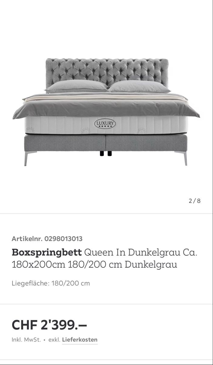 Letti: Boxspringbett 180x200cm dunkelgrau – Usato da Lostorf venduto da mih_7sgh 1