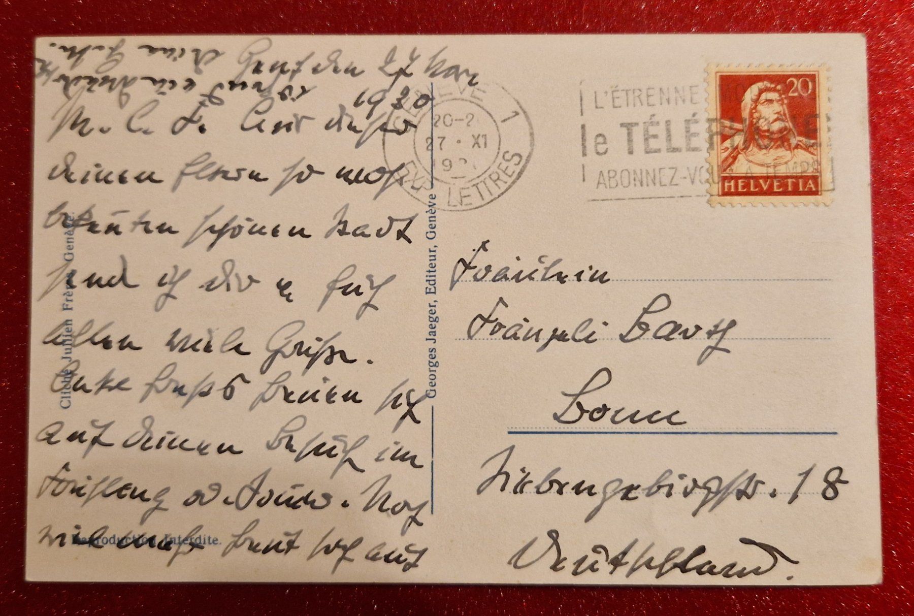 Ansichtskarten: Genf Ile J.J. Rousseau 1930 – Gebraucht aus Melchnau von Fishel 1