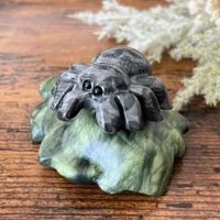 ✲ Jaspis Spinne auf Serpentin Blatt ✲ 82g / 70mm Skulptur