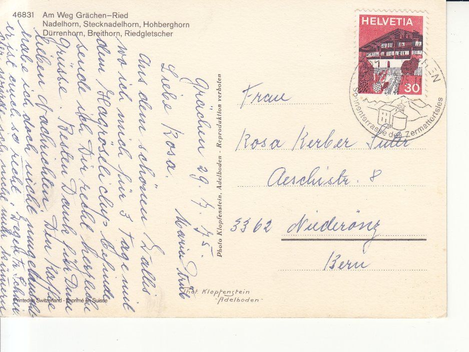 Cartoline postali: Grächen-Ried 1975 – Usato da Bürglen TG venduto da StampGraf 1