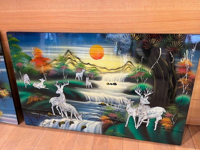 Gemälde: Schönes Perlmuttbild, Landschaft mit Rehen, Asien – Gebraucht aus Winterthur von projectcleanup 1