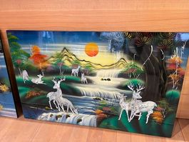 Schönes Perlmuttbild, Landschaft mit Rehen, Asien