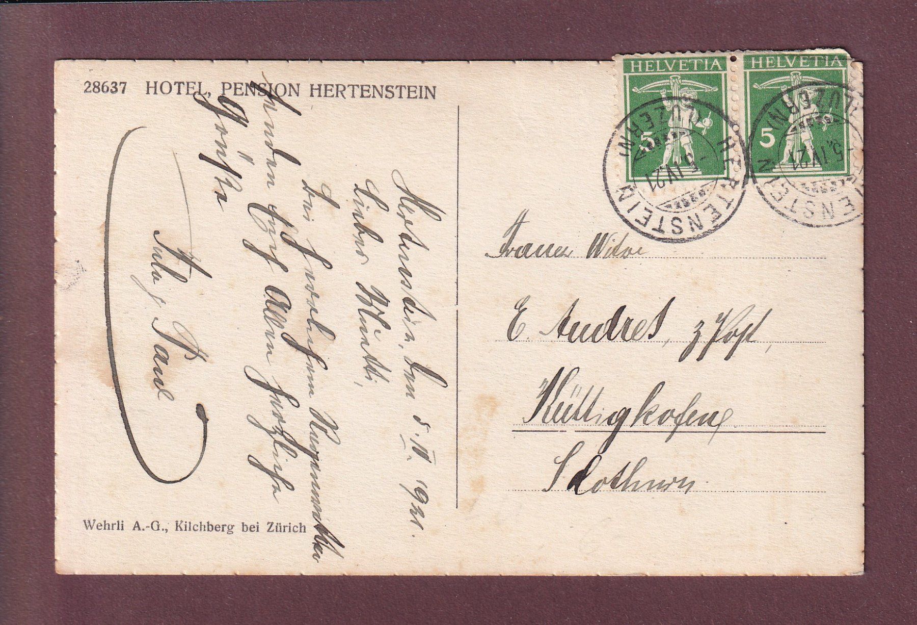 Cartoline postali: Hotel Pension HERTENSTEIN - 1921 – Usato da Pully venduto da nicecards 1
