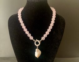 Zarte Rosenquarz & Barock Perle Halskette Sterling Silber