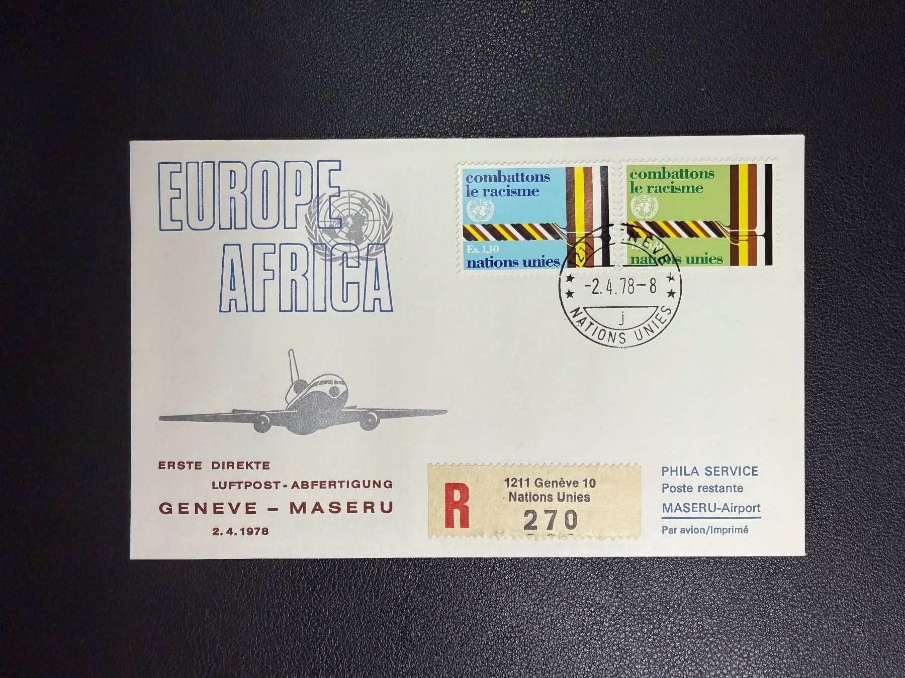 Tutti i francobolli: Erste direkte Luftpost Genf - Maseru ab UNO 1978 – Usato da oberrüti venduto da jeanmei