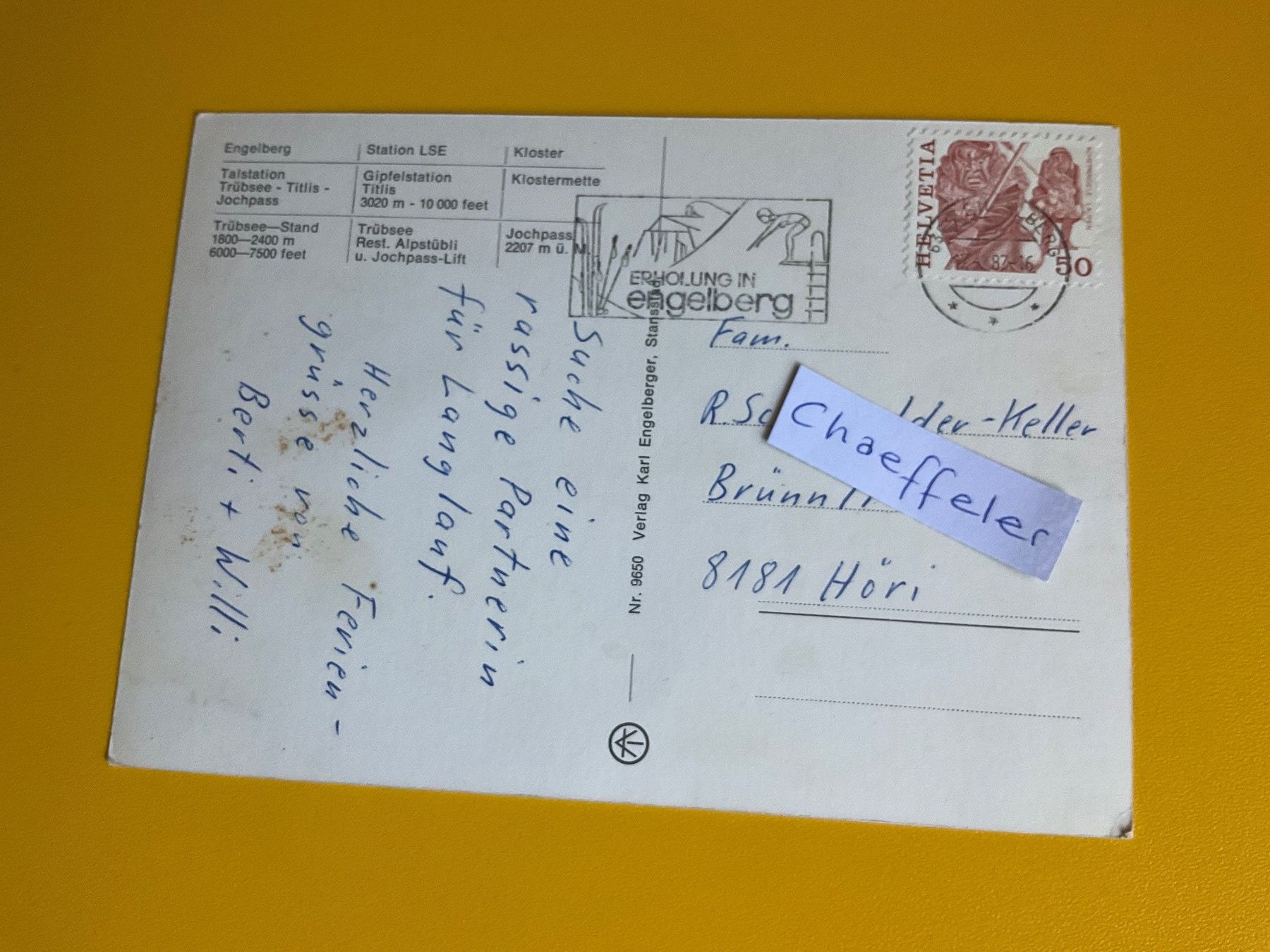 Cartoline postali: 1987 Engelberg – Usato da Zürich venduto da Chaeffeler 1