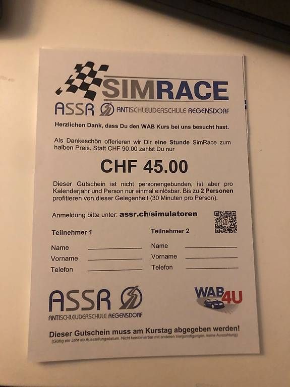 Gutscheine: Gutschein Simrace – Gebraucht aus Zürich von ER-