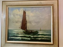 Gemälde, Segelschiff auf See, signiert, 58x67