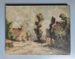 Petit tableau ancien 19° siècle paysage campagne poules hst