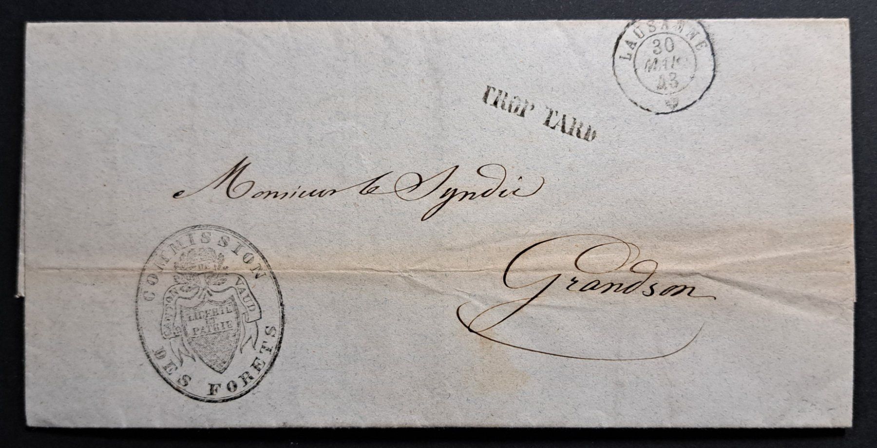 Alle Briefmarken: Amtsbrief Commission des forets Vaud 1843 Lausanne – Gebraucht aus Unterägeri von PhilatelieStudiger