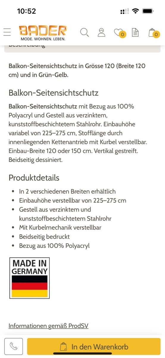 Tende da sole: Sonnenstore Seitenschutz Balkon – Usato da Henggart venduto da fschiesser68 2