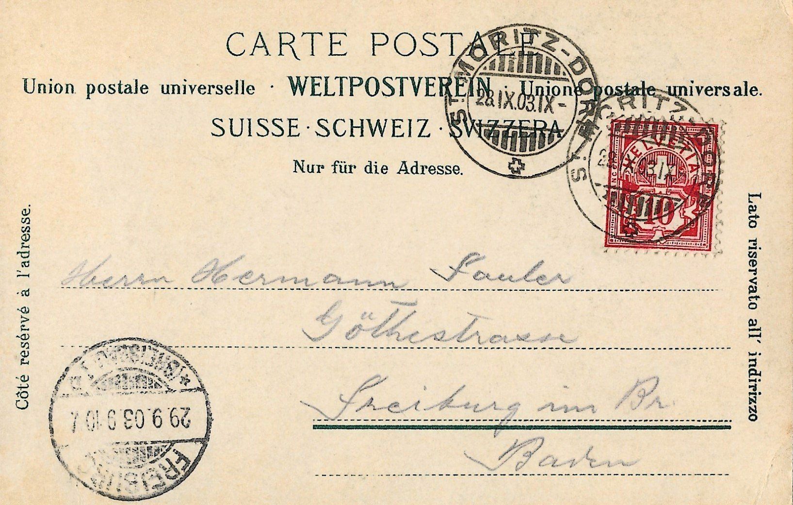Cartoline postali: St. Moritz, 1903 – Usato da Frauenfeld venduto da Merk52 1