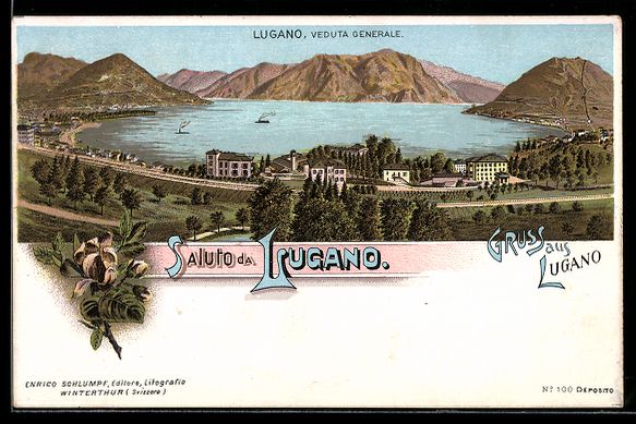 Cartoline postali: Lithographie Lugano, Veduta generale – Usato da Berlin venduto da bartko-reher