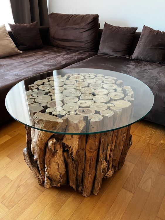 Tisch Treibholz Glasplatte