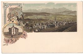 Gruss aus GAIS: 2Bild-Litho mit neuem Schulhaus ~1900