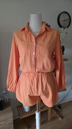 Shorts Set Orange Button Down Shirt Elastic Waist Size M