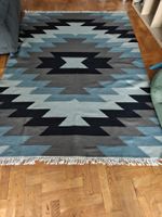 Geometric grey blue 100% wool rug fringe 160x230 Scandi