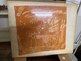 Batik Bild Eulen Motiv orange gerahmt signiert 80er