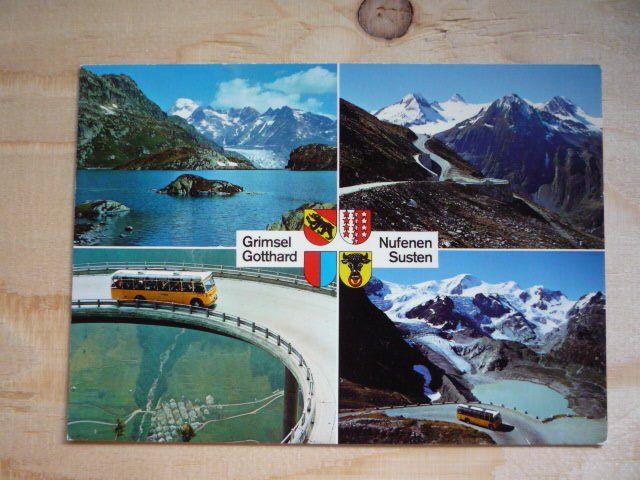 Cartoline postali: Grimsel/Nufenen/Gotthard/Susten, 2x Postauto, 43801 – Usato da Rieden SG venduto da Brockehuesli