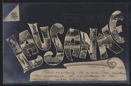 Lausanne, Schriftzug mit Turm, Denkmal u