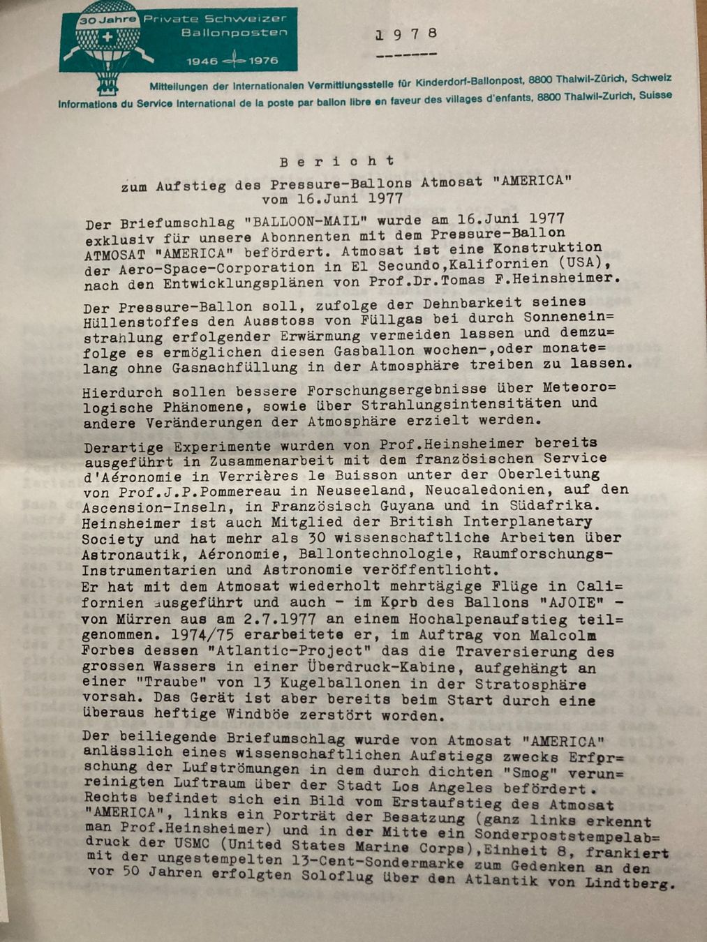 Documenti: Schweiz 1978 7 Berichte Private Ballonposten – Nuovo (secondo la descrizione) da Liestal venduto da schnueps 1