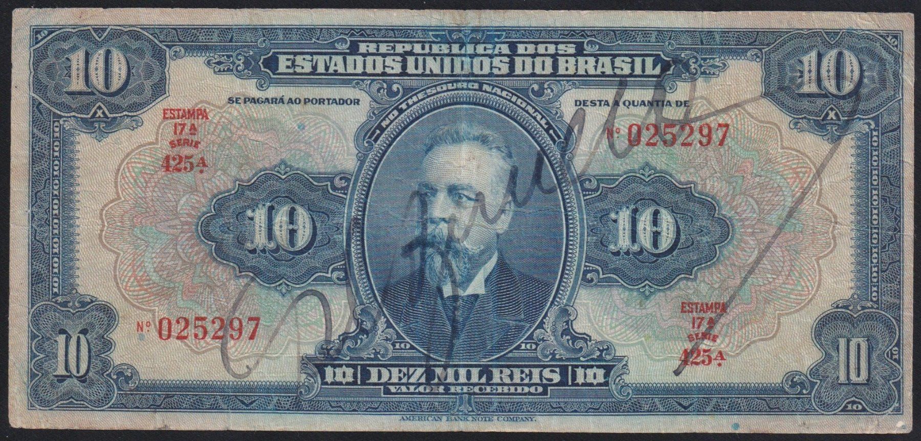 Banknoten: Brasilien 10 Mil Reis 1942 – Gebraucht aus Brugg AG von banknoten_muesli