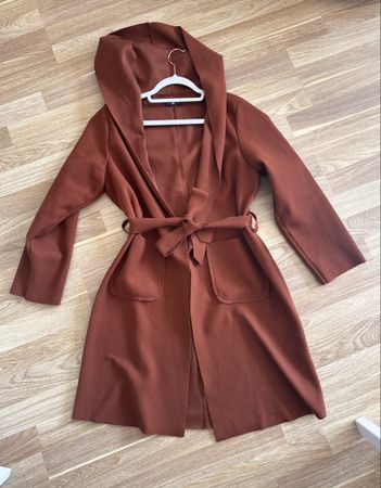 Stylish Brown Autumn Coat with Hood and Belt,size S/M