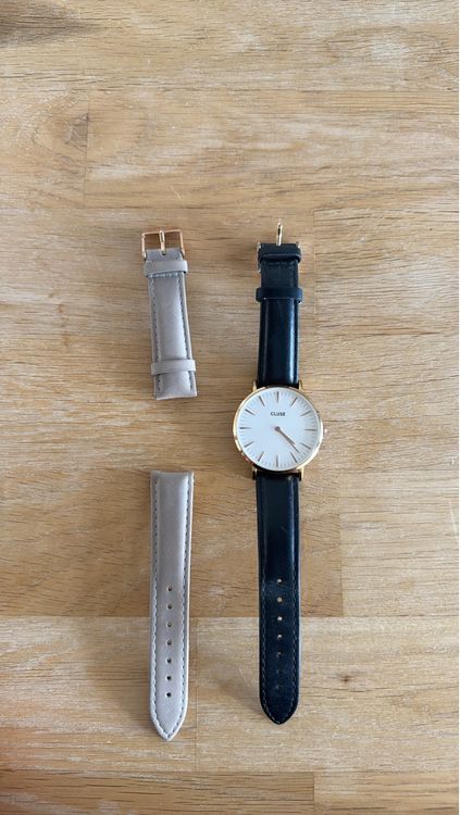 Elegante Cluse Damenuhr mit Lederarmband Gold/Schwarz (Gebraucht