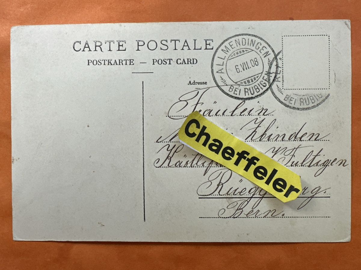 Cartoline postali: antike Ansichtskarte 1908 Gruss aus Allmendingen b. Rubigen – Usato da Zürich venduto da Chaeffeler 1