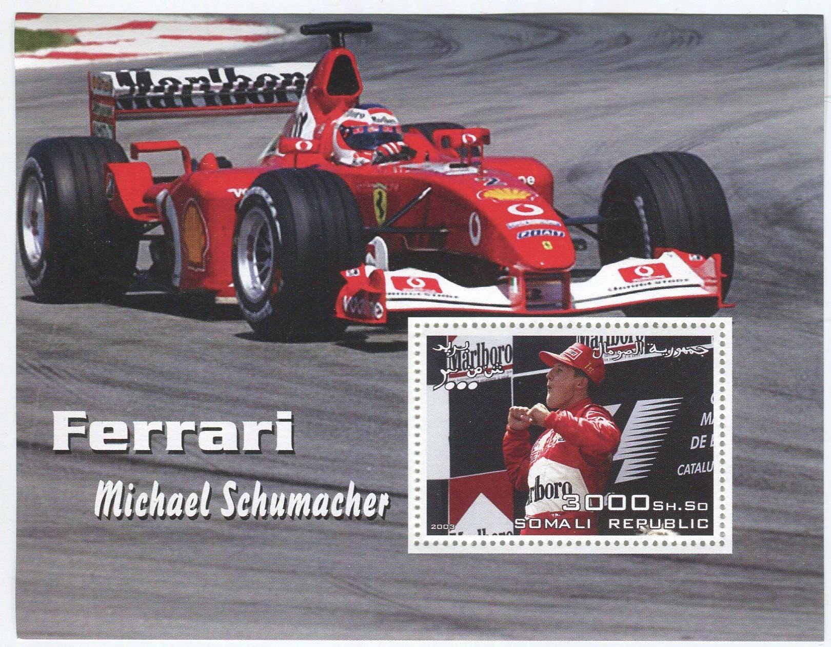 Tutti i francobolli: Block "Formel 1. Michael Schumacher". Somalia – Nuovo e nell'imballaggio originale da Basel venduto da Butsch5