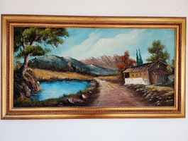 Grosses Gemälde mit goldenem Rahmen - Haus und Teich